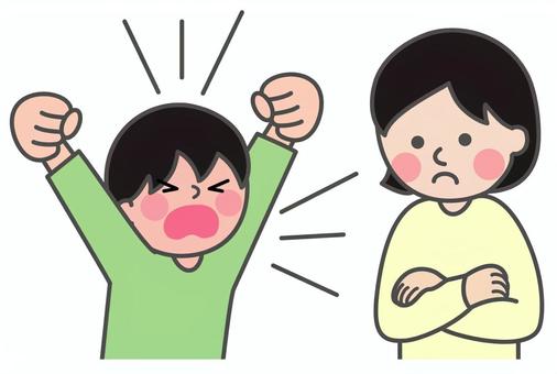 癇癪を起こしている男の子と腕組みする女性 女性,母親,教師,腕組み,向かい合う,考える,思案する,困る,不機嫌,不快のイラスト素材