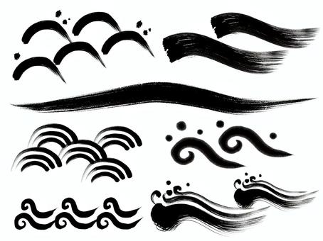 いろいろな筆線波　黒 波,和風,手書き,手描き,和,かすれ,筆,川,海,筆線のイラスト素材