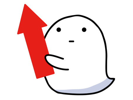 上昇・UP・上向き矢印を持つ可愛いお化け 矢印,おばけ,幽霊,キャラクター,可愛い,上昇,up,成長,成功,向上のイラスト素材