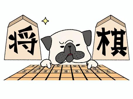 	将棋をするパグ パグ,将棋,文字絵,考える,可愛い,pop調,手描き,挿絵,ワンポイント,素材のイラスト素材