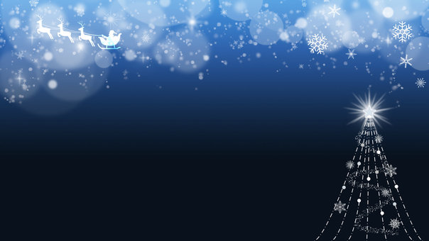 キラキラ光るクリスマスツリー（青2） クリスマスツリー,クリスマス,背景,キラキラ,サンタクロース,雪,結晶,サンタ,シルエット,ソリのイラスト素材