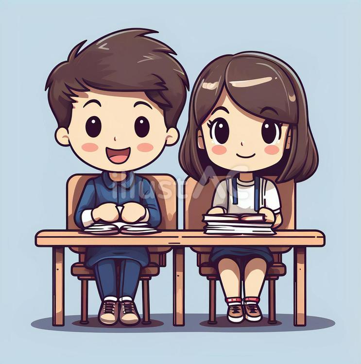 楽しく授業を受ける二人の学生 学生,授業,学校のイラスト素材