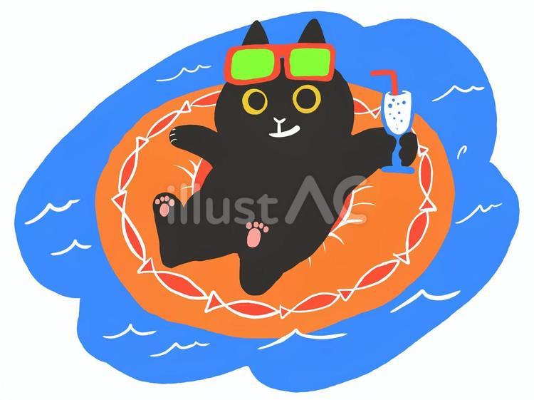 ぷかぷかねこちゃん うきわ,猫,黒猫のイラスト素材