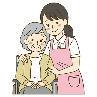 寄り添う女性介護士と車椅子の高齢者女性 介護,介護士,介護福祉士,ヘルパー,高齢者,女性,車椅子,寄り添う,老人ホーム,介護施設のイラスト素材