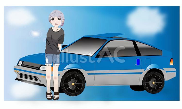 自動車にもたれかかる女性_01 青,車,女性のイラスト素材