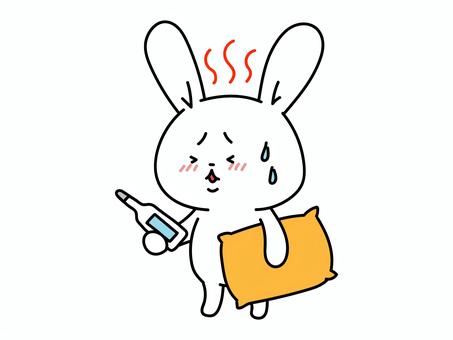 熱が出た　うさぎさん うさぎ,発熱,熱,風邪,体温計,枕,ぐったり,休養,動物,ペットのイラスト素材