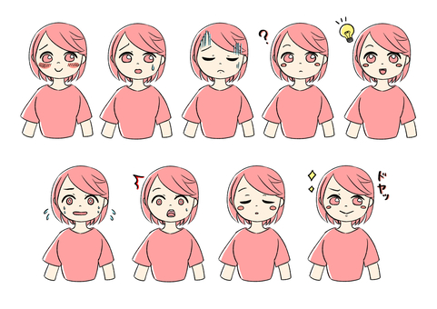 桃色の女の子の表情集ボディあり ピンク,かわいい,手描き,はてな,テレ顔,女の子,女性キャラ,若い女性,キャラクターイラスト,ピンク髪のイラスト素材