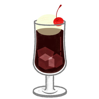 クレヨン風 コーヒーフロート2 アイスコーヒー,コーヒーフロート,コーヒー,アイス,バニラ,アイスクリーム,さくらんぼ,チェリー,喫茶店,夏のイラスト素材