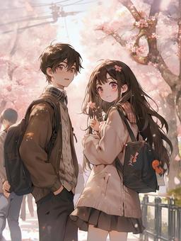 Two people in a row of cherry blossom trees, , JPG