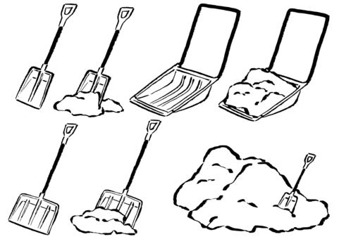 雪かき7種　墨筆 雪かき,スノーダンプ,雪,スコップ,ベクター,手描き,山盛り,冬,積雪,大雪のイラスト素材