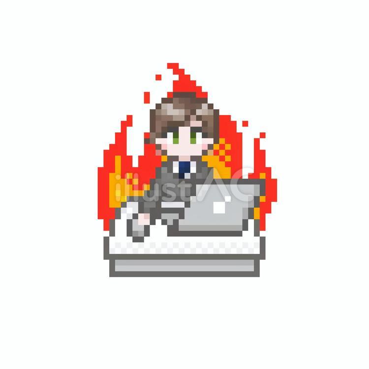 ドット絵の炎とパソコン作業する男性会社員 ドット絵,ピクセル,熱血のイラスト素材
