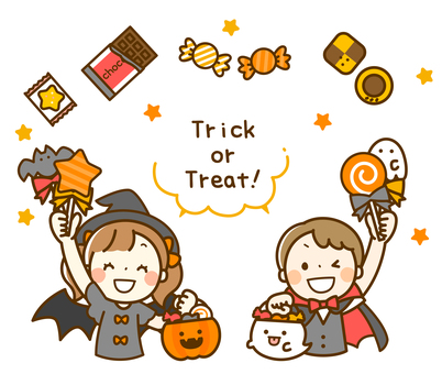 ハロウィンのお菓子をもらって喜ぶ子供たち ハロウィン,ハロウィーン,halloween,トリックオアトリート,お菓子,パーティー,おかし,キャンディ,スイーツ,子供のイラスト素材