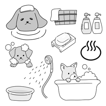 お風呂まとめ（白黒） お風呂,風呂,温泉,犬,湯気,ポカポカ,お湯,湯船,洗う,シャワーのイラスト素材
