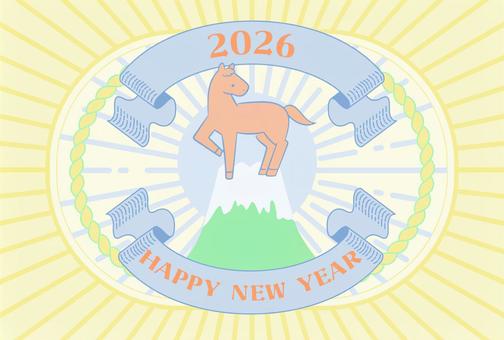 富士山と馬のレトロな年賀状_15 2026年,午,馬,年賀状,午年,はがき,お正月,富士山,日の出,太陽のイラスト素材