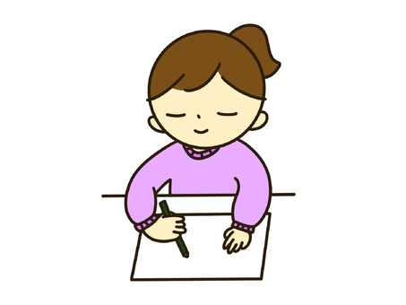 お描きをする女の子 女の子,子供,お絵かき,鉛筆,ペン,画用紙,紙,ポニーテール,勉強,笑顔のイラスト素材
