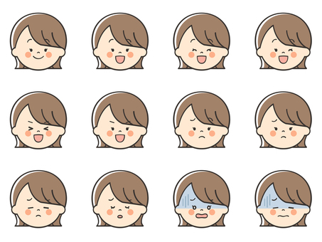 女性のいろいろな表情アイコン04 女性,女,笑顔,嬉しい,楽しい,喜び,楽しみ,ワクワク,困る,不安のイラスト素材