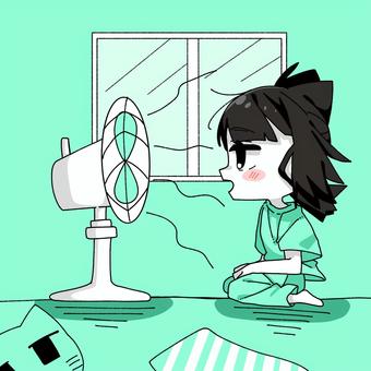 扇風機で涼んでいる女の子 女の子,扇風機,涼む,ミント色,夏,窓のイラスト素材