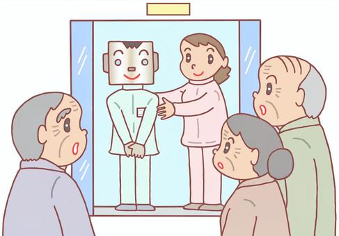 介護施設のAI導入 介護施設,ai,介護職,介護士,ロボット,介護,要介護者,高齢者,お爺さん,お婆さんのイラスト素材