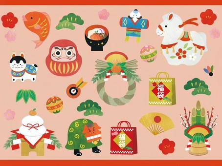水彩加工_お正月イラスト素材集 お正月,初売り,新春,福袋,午,和,和風,正月,年賀状,午年のイラスト素材