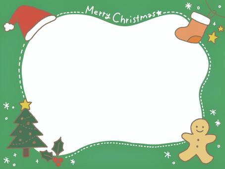 手書き風クリスマスフレーム クリスマス,手書き風,フレーム,イラスト,背景,メッセージカード,グリーティングカード,緑,ジンジャーブレッドマン,サンタ帽のイラスト素材
