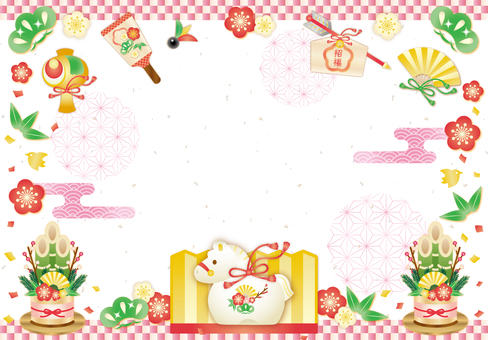お正月柄午年の置物フレーム 年賀状,干支,午,午年,お正月,キラキラ,かわいい,フレーム,背景,カードのイラスト素材