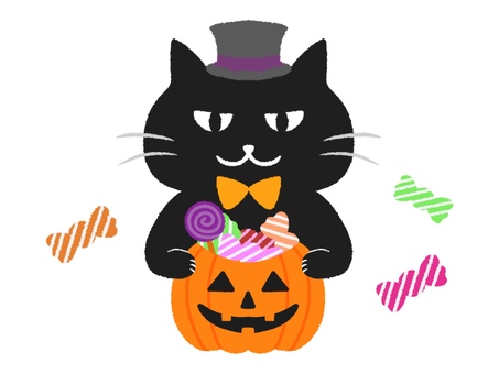 ハロウィンの黒猫とお菓子 ハロウィン,かぼちゃ,お菓子,黒猫,猫,リボン,ハロウィンパーティ,手描き,かわいい,キャンディのイラスト素材