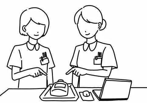 点滴をダブルチェックする女性2人　線画 点滴,ダブルチェック,女性,看護師,パソコン,薬,指差し,線画のイラスト素材
