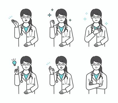 医者のアイコンセット イラスト素材 女性,医師,医者,女医,ドクター,医療従事者,白衣,聴診器,病院,クリニックのイラスト素材