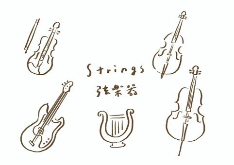 手描き 弦楽器セット 線画 弦楽器,バイオリン,チェロ,コントラバス,エレキギター,ギター,リラ,オーケストラ,音楽,楽器のイラスト素材