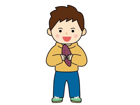 お芋を手に持つ男の子のイラスト、線あり 芋,食べ物,農作物,野菜,根菜,持つ,笑顔,にっこり,少年,人間のイラスト素材