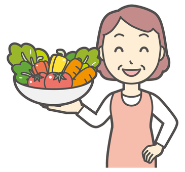  ヘルシーな野菜を持っているおばさん 野菜,女性,人,主婦,中年,シニア,エプロン,ママ,お母さん,おかんのイラスト素材