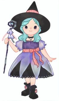 【手描き】ハロウィン・魔女の衣装の女の子 ハロウィン,衣装,コスプレ,女の子,魔法の杖,少女,魔女,ウィッチ,手描き,10月のイラスト素材