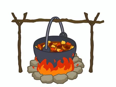キャンプで作るカレー カレー,キャンプ,料理,たき火,キャンプ飯,鍋,サバイバル,野外,炊き出し,かまどのイラスト素材