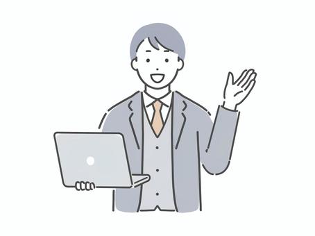 PCを持って案内するスーツの男性 案内,誘導,示す,どうぞ,こちら,あちら,スーツ,サラリーマン,男性,人物のイラスト素材