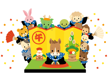 金屏風(午)の前で新年のあいさつ 十二支 金屏風(午)の前で新年のあいさつ 十二支 午,午年,馬,鏡餅,扇子,紙吹雪,子年,丑年,卯年,巳年のイラスト素材