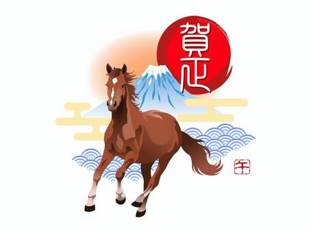 午年年賀状_賀正 午年年賀状_賀正 午年,年賀状,和風,干支,馬,富士山,日の出,賀正,青海波,かっこいいのイラスト素材