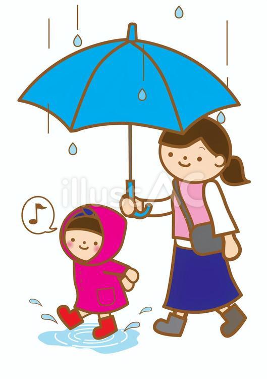 レインコートの女の子と傘をさすママ 雨,梅雨,レインコートのイラスト素材