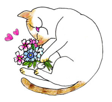 花束を持った猫の手描きイラスト 猫,花束,お祝い,おめでとう,ハート,かわいい,手描きのイラスト素材