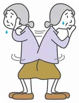 キョロキョロしている高齢女性 キョロキョロ,高齢,女性,ウロウロ,探す,焦る,不安,挙動不審,汗,困るのイラスト素材