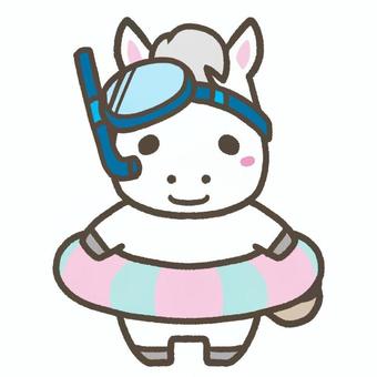 白馬と浮き輪 浮き輪,海,夏,シュノーケル,かわいい,馬,ホース,デフォルメ,動物,ゆるかわのイラスト素材