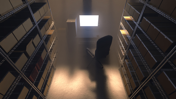 パソコンとダンボールが山積みの倉庫 倉庫,荷物,倉庫作業,段ボール,仕事,在庫,山積み,室内,物置,保管庫のイラスト素材