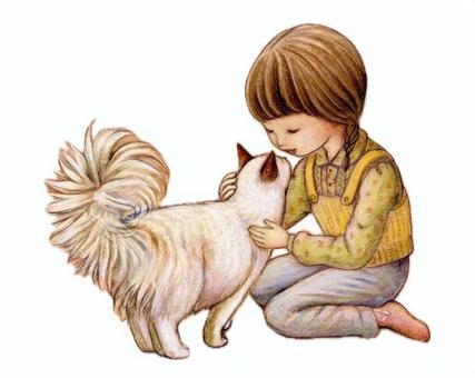 女の子と毛長の猫 少女,ねこ,色鉛筆,手描き,素朴,優しいのイラスト素材