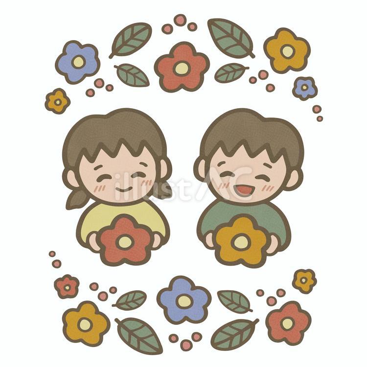 北欧風の花と女の子・男の子（縁あり） 女の子,男の子,花のイラスト素材