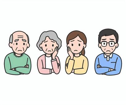 家族・夫婦の困った顔のカットイラスト 老夫婦,おじいさん,おばあさん,悩み,落ち込む,困る,困惑,ネガティブ,不安,心配のイラスト素材