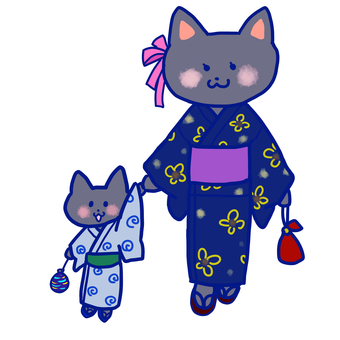 Parent and child cats in yukata holding hands, cat, yukata, parenting, JPG and PNG