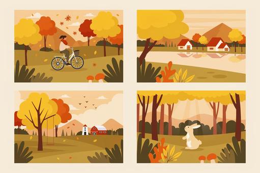 自転車に乗る女性とうさぎの秋素材セット 秋,9月,10月,11月,自然,風景,紅葉,人物,女性,動物のイラスト素材