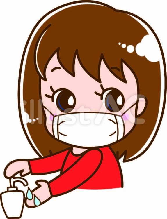 消毒液を使う女の子 女,人物,マスクのイラスト素材