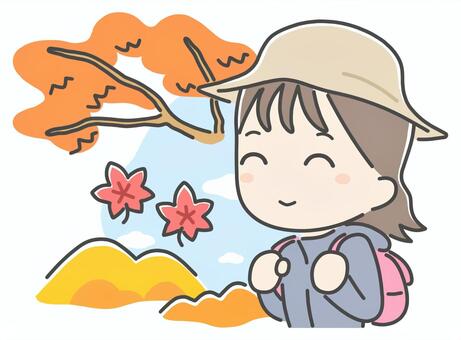紅葉　ハイキングをする女性 紅葉,ハイキング,女性,秋,ピクニック,景色,風景,山,空,背景のイラスト素材