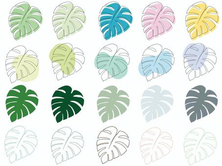 カラフルなモンステラセット モンステラ,葉っぱ,ボタニカル,ナチュラル,熱帯植物,デザイン素材,おしゃれ,線画,シンプル,手書きのイラスト素材