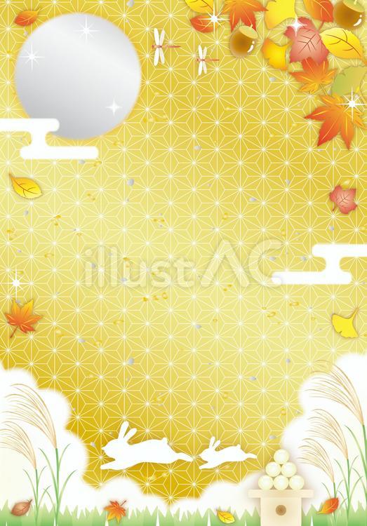 お月見の紅葉と草原金色フレーム（縦） 秋,お月見,すすきのイラスト素材
